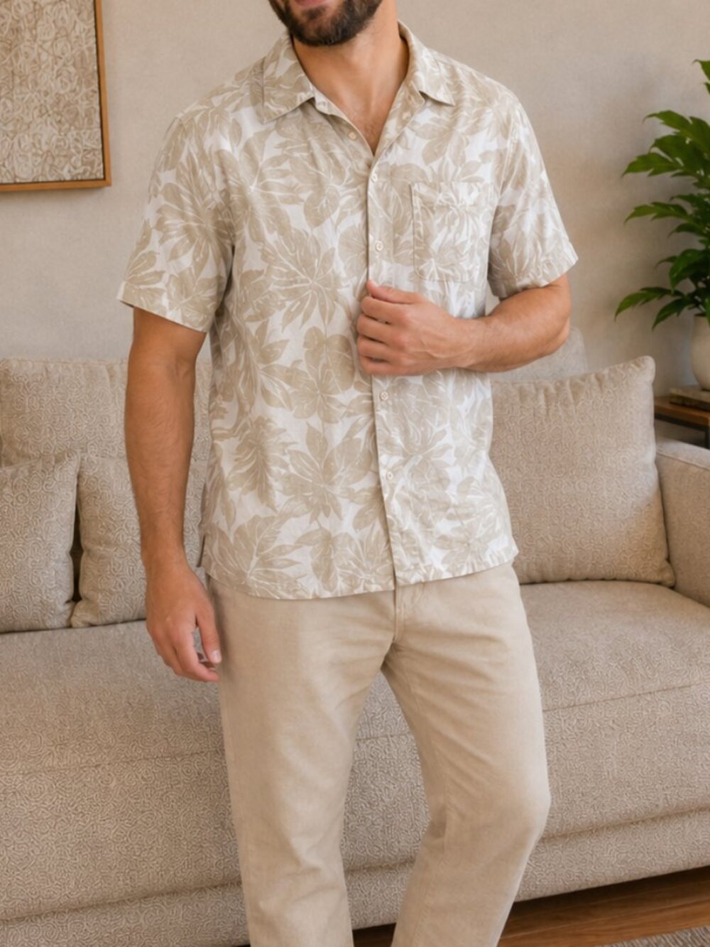 TASSO ELBA Men Silk Linen Tropical Palm Leaf Resort Wear Button Up Shirt Size S